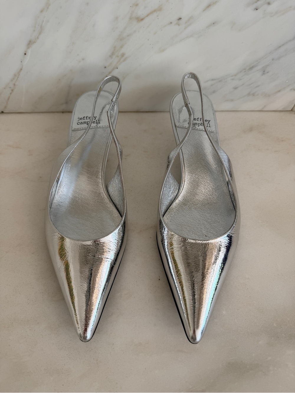 Jeffrey Campbell Silver Pointed Slingback Kitten Heels. Size 6.5 New